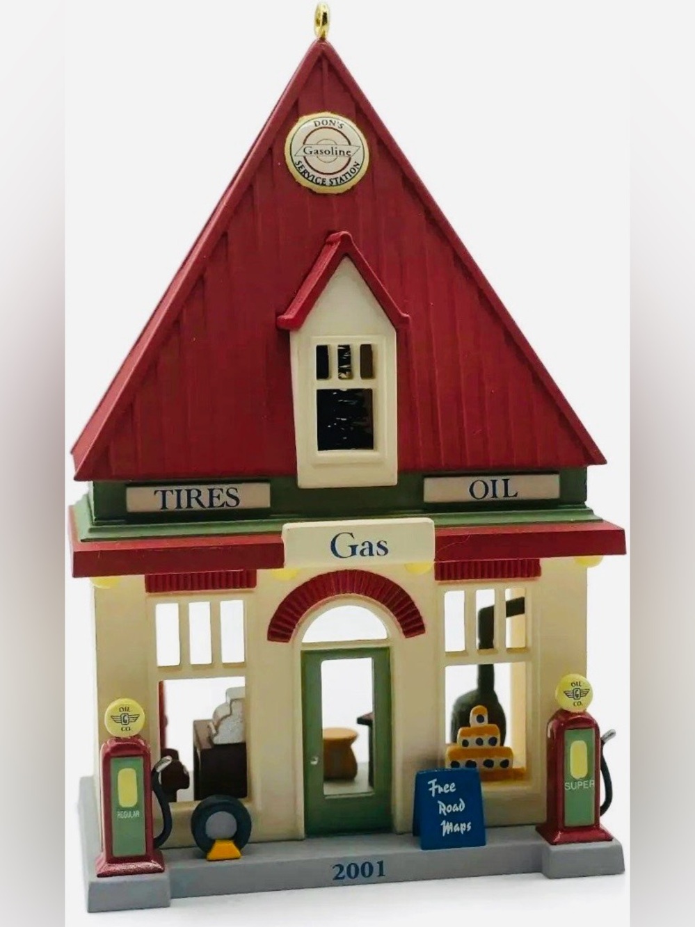 2001 Services Station Hallmark Red and Cream Vintage Gas Station Ornament